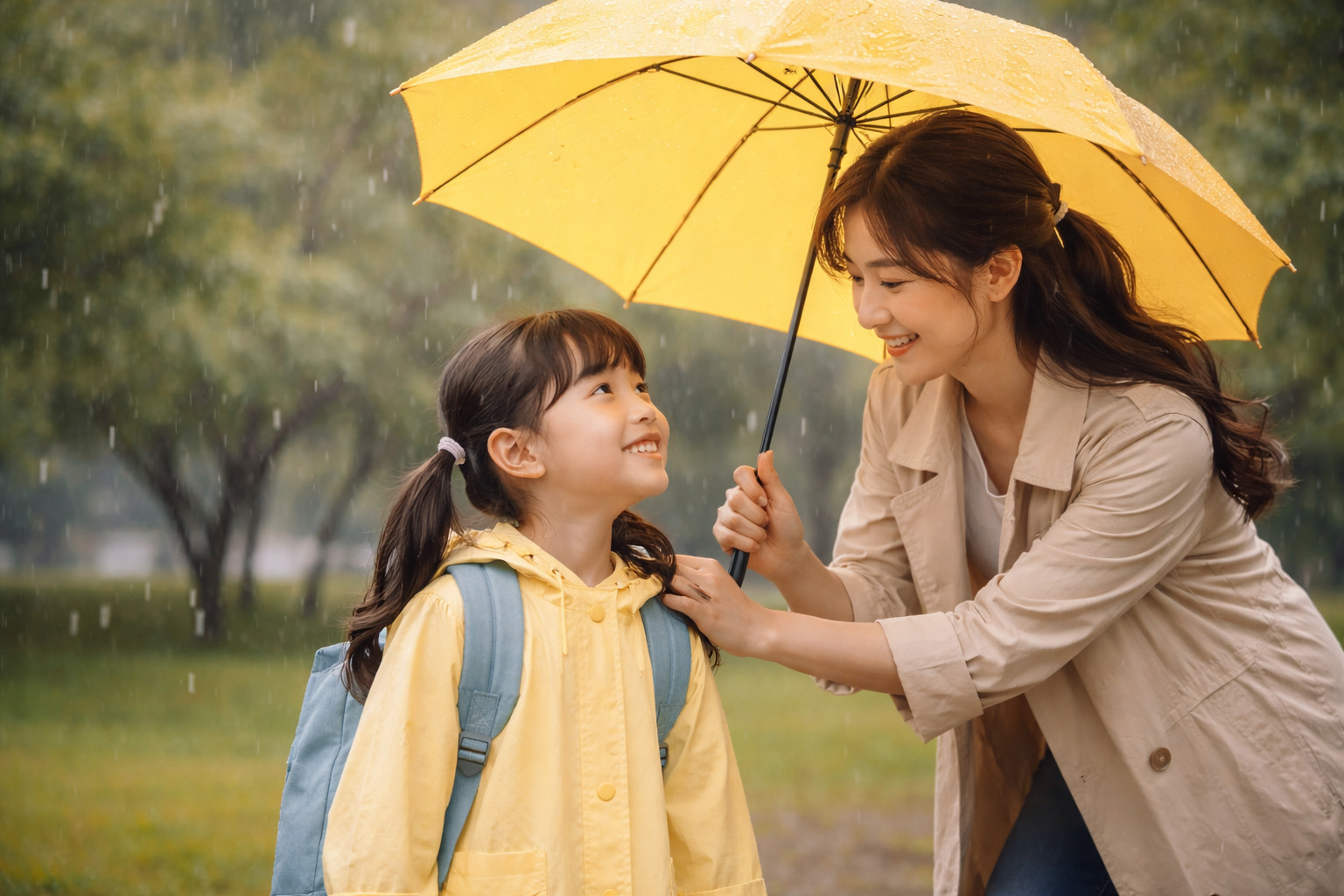 비 오는 날 넓은 배경 속에서 엄마가 노란 우산을 씌워주며 7살 소녀와 따뜻한 미소를 나누는 모습