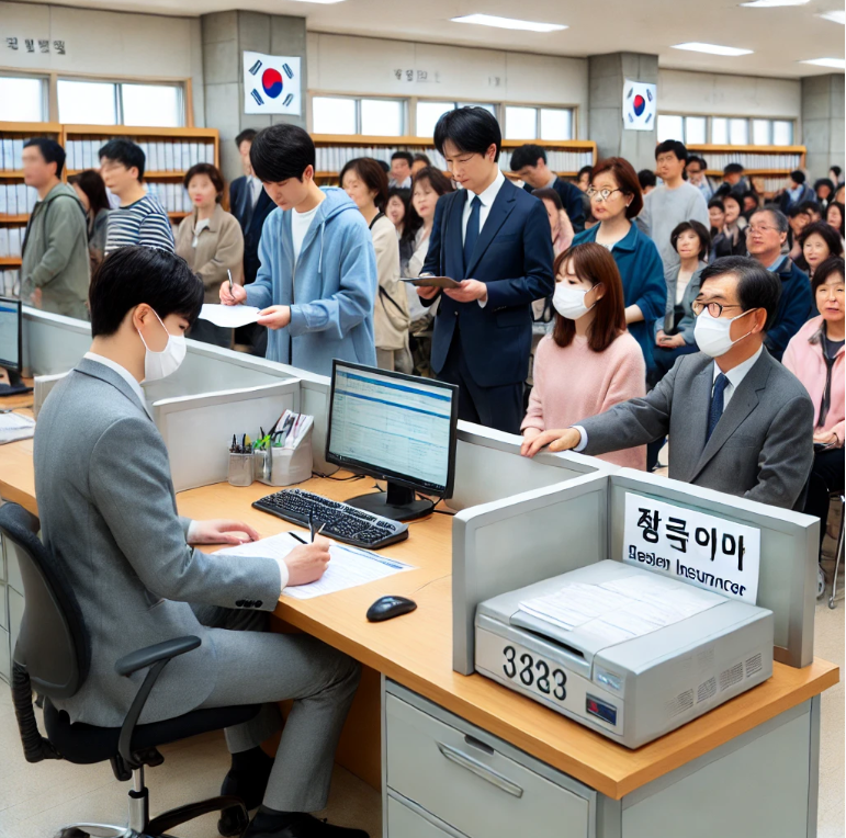 공공기관에서 건강보험 조정 신청서를 접수하는 사람들과 직원의 모습