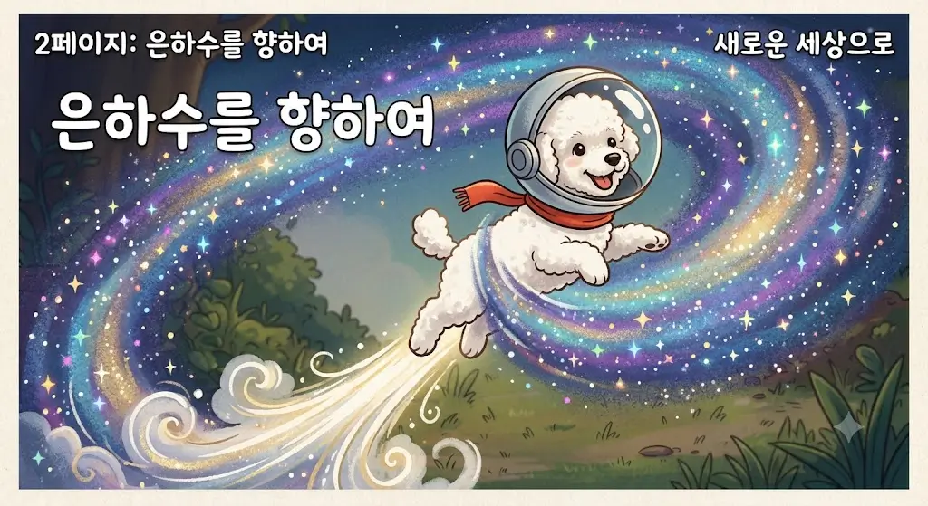 헬멧 우주선을 쓰고 지상에서 솟구쳐 은하수를 통과하는 아기 푸들 코코.