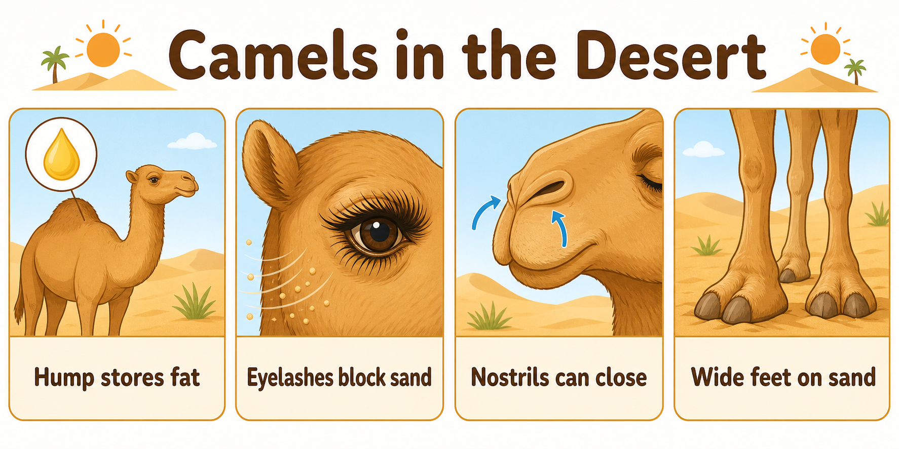 Infographic explaining camel desert adaptations including hump, eyelashes, nostrils, and feet