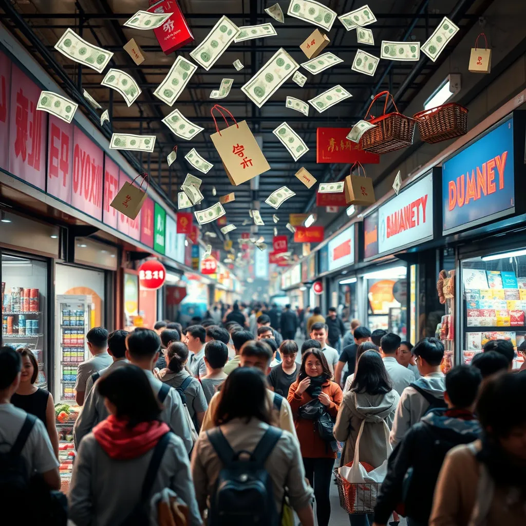 쇼핑하는 사람들로 북적이는 상점가 또는 시장 풍경을 배경으로&amp;#44; 위에서부터 아래로 화폐 심볼이나 쇼핑백&amp;#44; 장바구니 등의 아이콘들이 흩뿌려지는 모습입니다. 다이나믹하고 활기찬 느낌으로 경제의 순환을 시각적으로 표현합니다. 