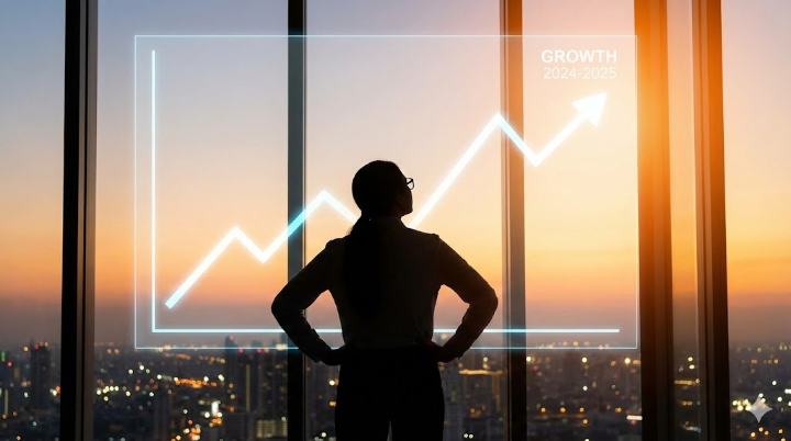 상승 곡선을 그리는 그래프를 바라보며 확신에 찬 표정을 짓는 실루엣