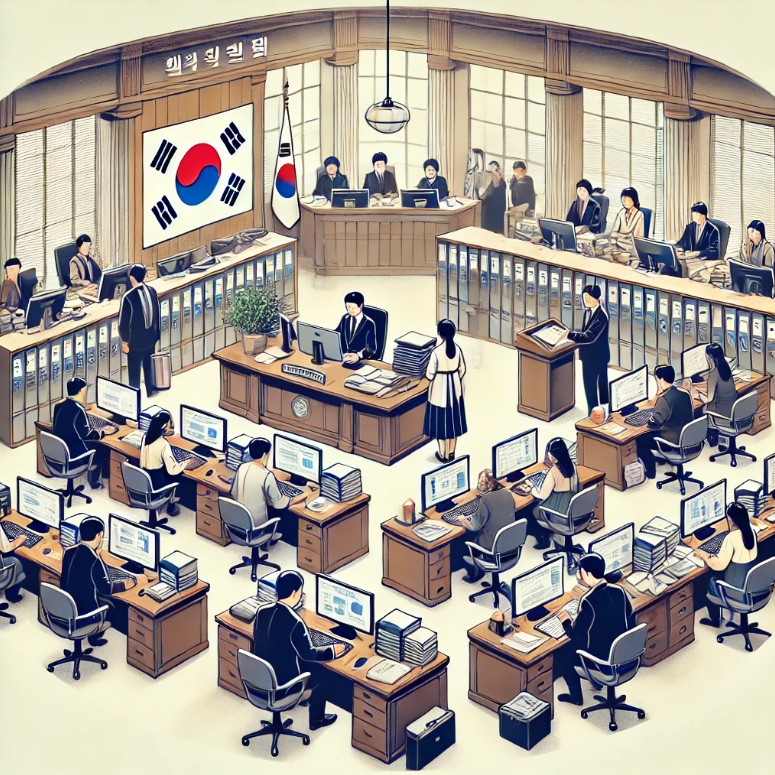 국민염금 또는 건강보험 관련 행정 절차를 돕는 공무원들의 모습
