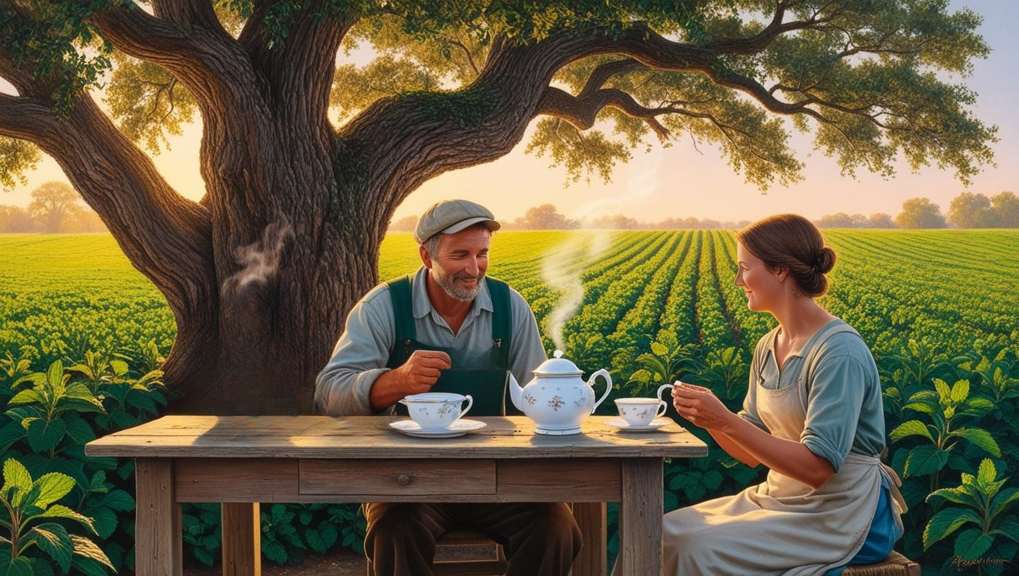 페퍼민트 차를 마시고 있는 부부모습