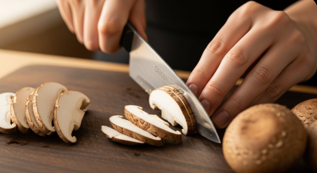 새송이버섯을 깨끗이 닦아 도마 위에서 0.5cm 두께로 가지런히 채 썰고 있는 모습.