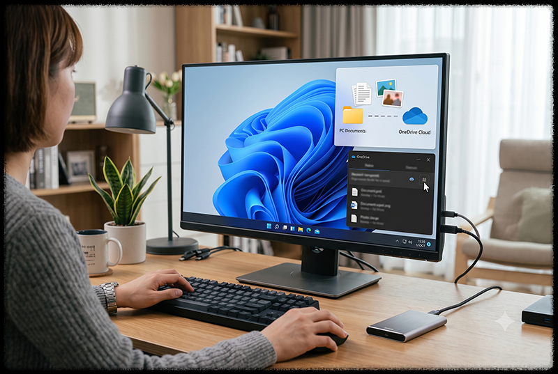 사라진 파일을 확인하기 전에 OneDrive 동기화를 일시 중지하는 모습