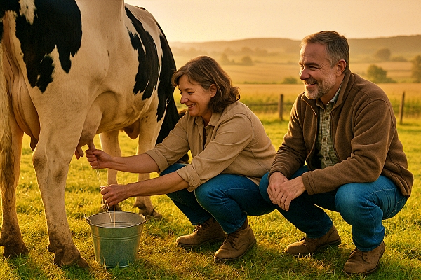 치즈를 만들기 위해 우유를 얻는 부부의 모습