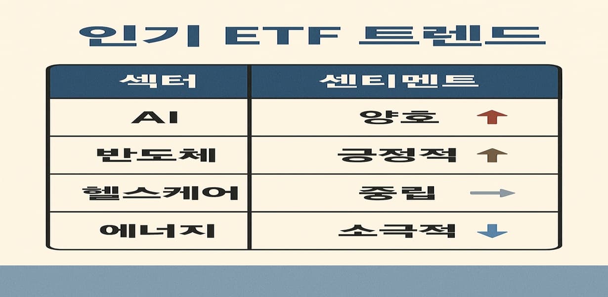 인기 ETF 섹터별 투자 심리를 정리한 표 형식의 인포그래픽