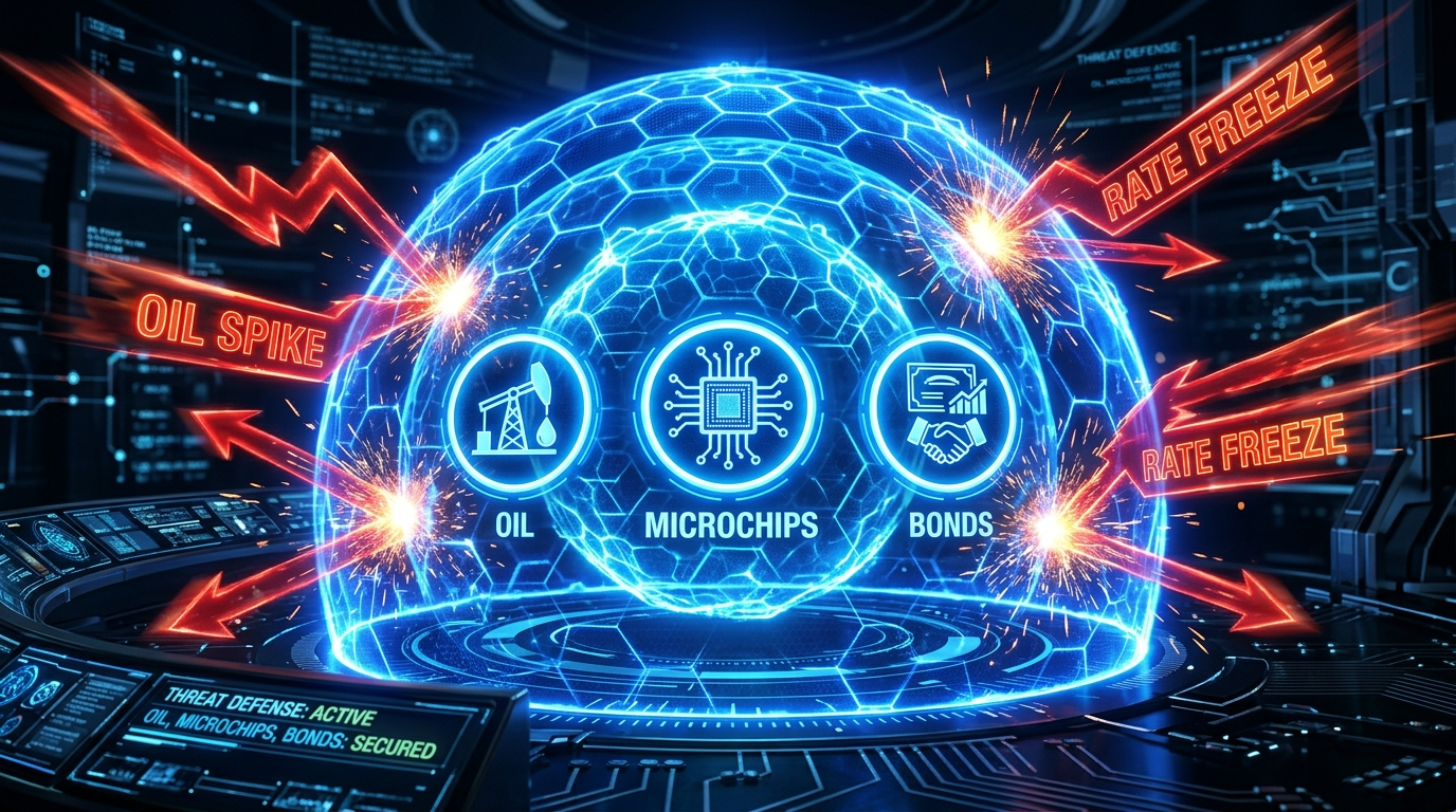 에너지, 반도체 장비, 신흥국 채권이 3층 방패가 되어 유가 급등과 금리 동결이라는 화살을 막아내는 3D 이미지