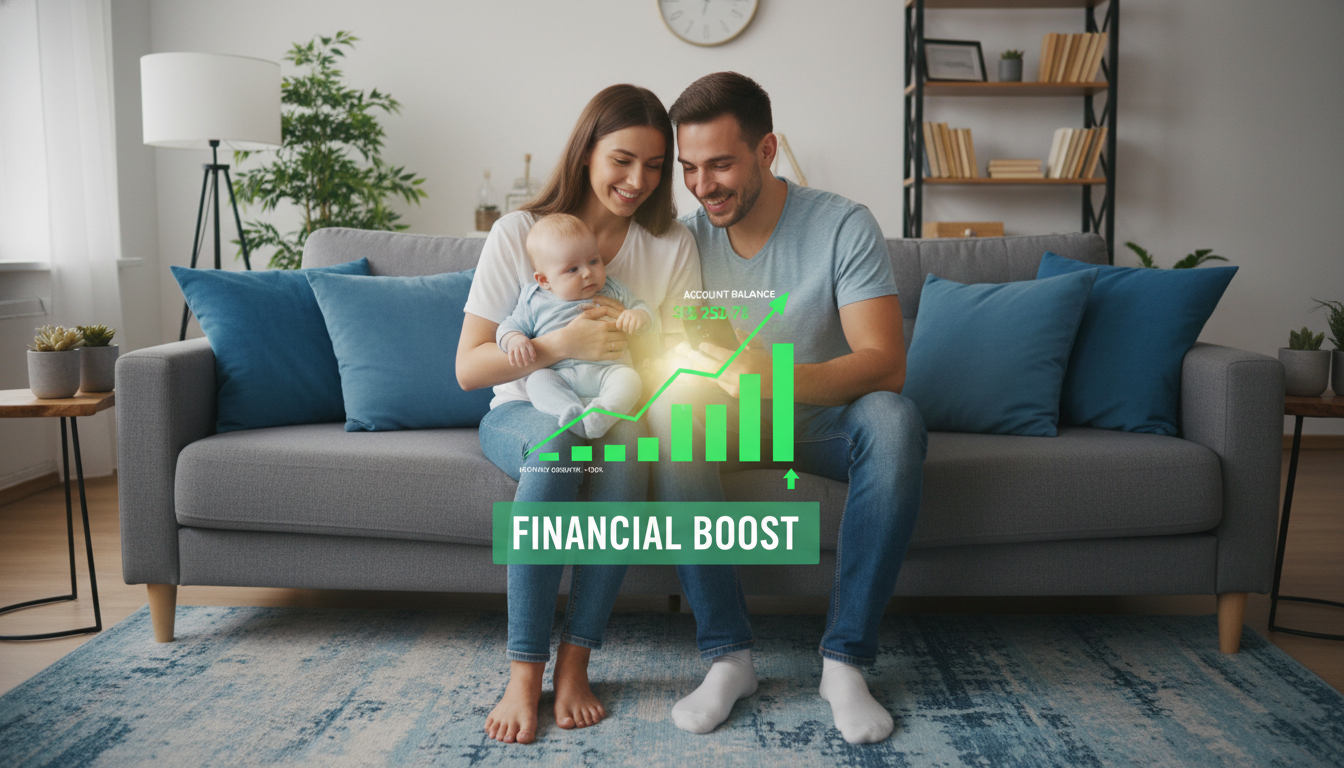 스마트폰으로 인상된 육아휴직급여를 확인하며 기뻐하는 젊은 맞벌이 부부와 아기