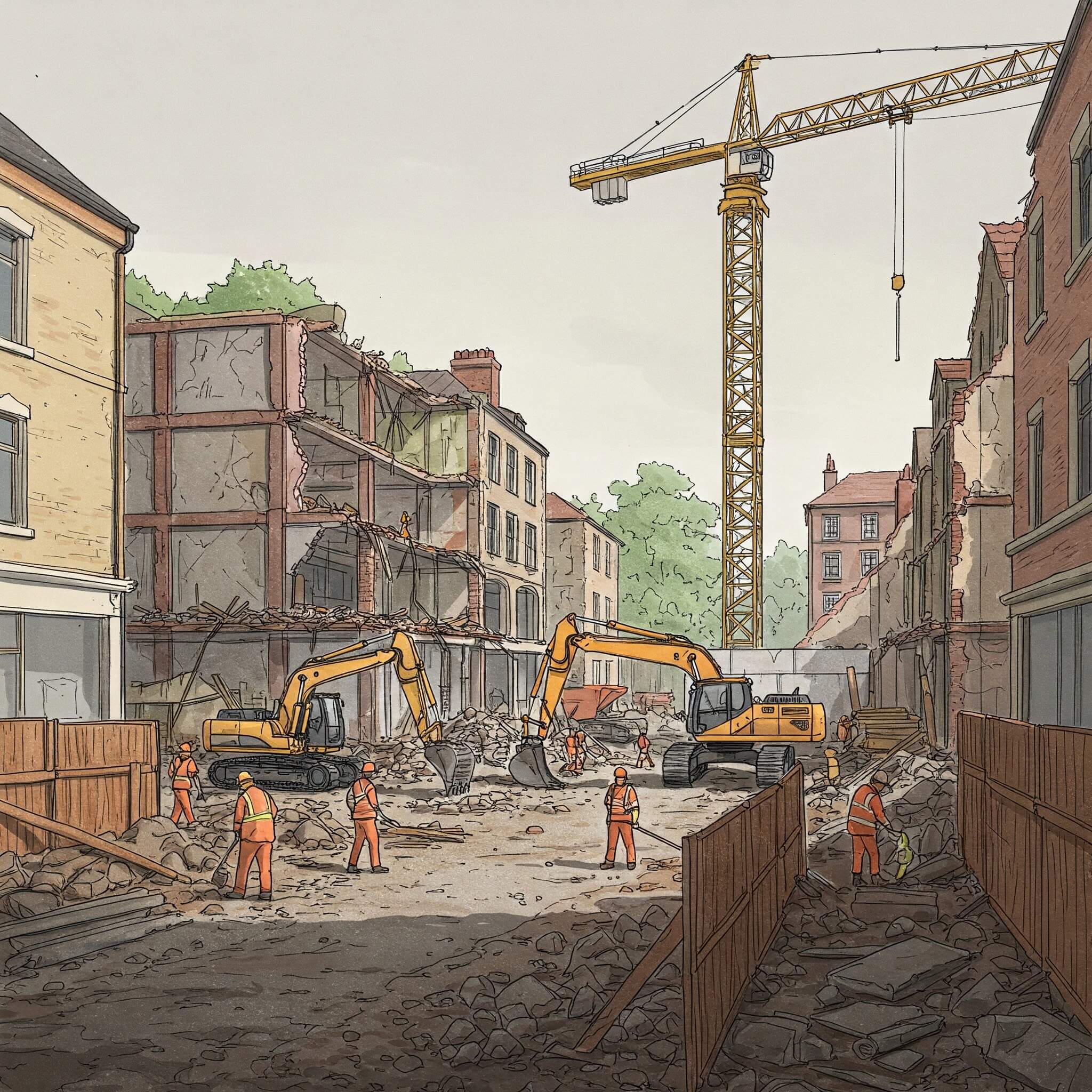 굴착기와 크레인이 있는 재개발 공사 현장