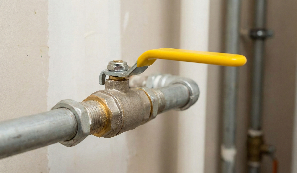 보일러 가스 공급 배관의 노란색 손잡이가 일자로 맞춰져 열림 상태를 보여주는 사진