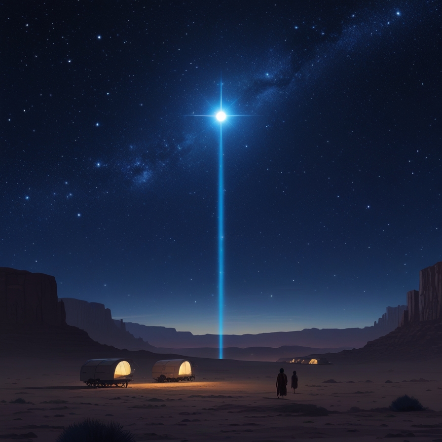 고대 밤하늘에서 유난히 밝게 빛나며 방향성을 느끼게 하는 천체 현상을 표현한 장면
