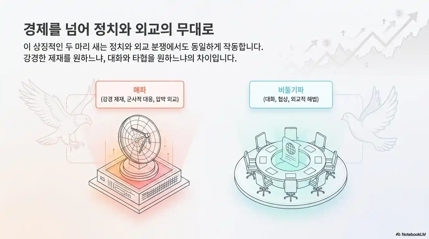 정치 외교 분야 매파 비둘기파 차이 - 강경 제재 군사 대응과 대화 협상 외교적 해법 비교