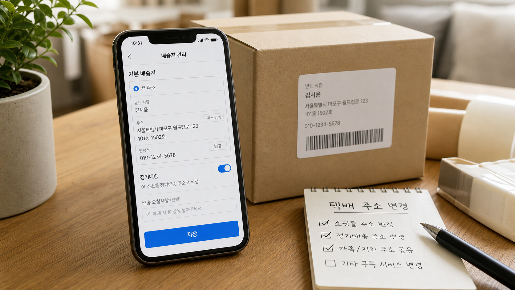 스마트폰에서 쇼핑몰과 배달 앱 기본 배송지 주소를 새 주소로 바꾸는 장면