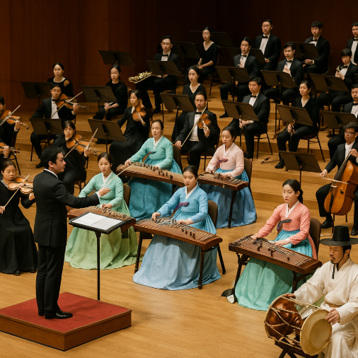 오케스트라와 국악 퓨전 연주하는 사진