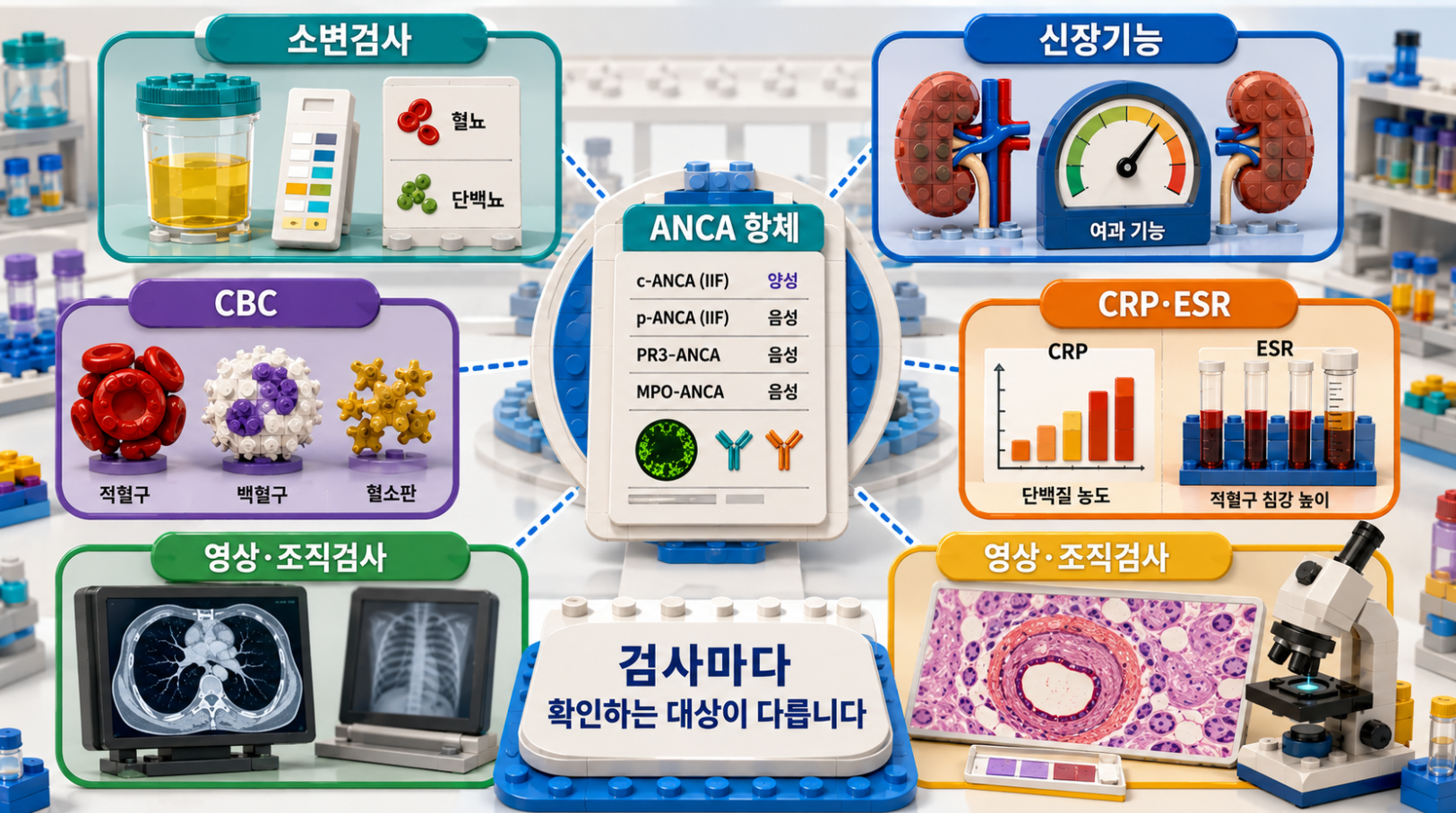 ANCA 검사와 소변검사, 신장기능검사, CBC, CRP&middot;ESR, 영상검사, 조직검사를 함께 확인하는 이유를 정리한 의료 인포그래픽