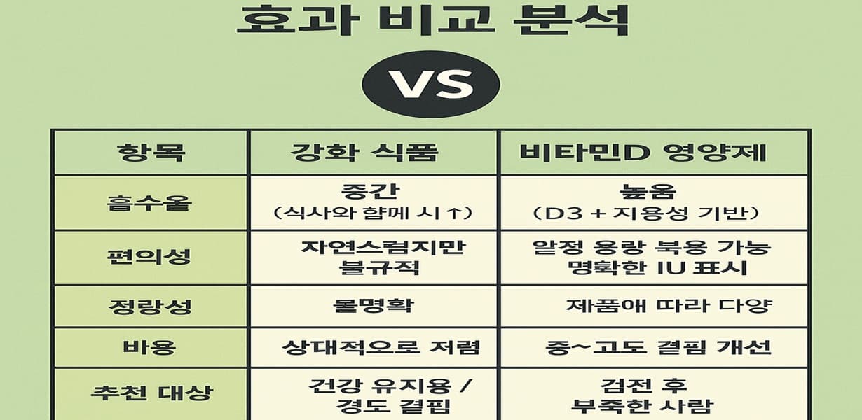 비타민D 강화 식품과 영양제의 흡수율, 편의성, 정량성, 비용, 추천 대상 항목별 비교표