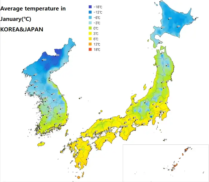 겨울시즌 일본 vs 한국 평균온도