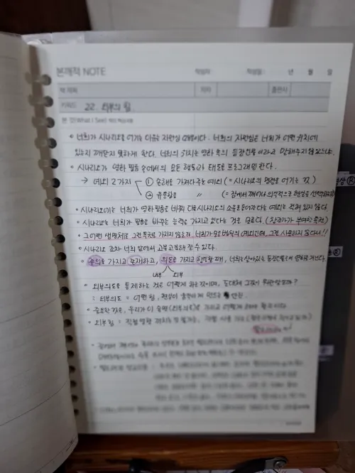 2월 눈 내린 여물봉 산행 중 경험한 땋은 머리 활성화와 타프티의 문(Door) 찾기 기술을 손글씨로 기록한 수행 수첩 사진 - 자연의 고요함 속에서 관찰자로 깨어난 실전 기록 (A photo of a notebook recording the practice of Tufti's 'Door' technique and plait activation during a snowy hike on Yeomulbong)