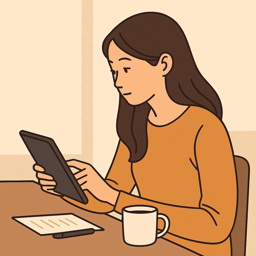 여성의 재정 확인 장면&amp;#44; 테블릿과 커피 머그 포함