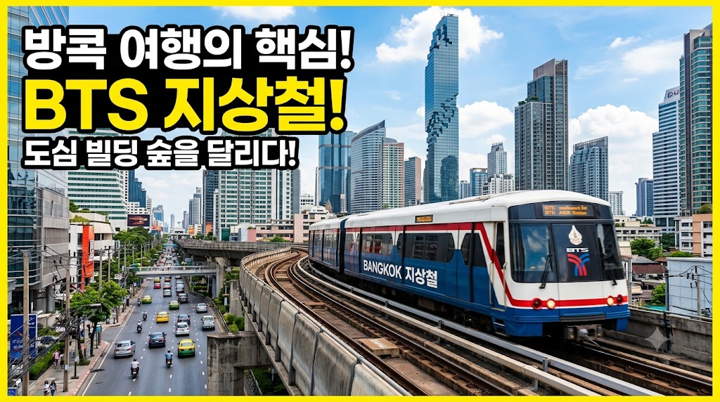 방콕 시내를 관통하는 BTS 지상철과 현대적인 방콕 도심 풍경