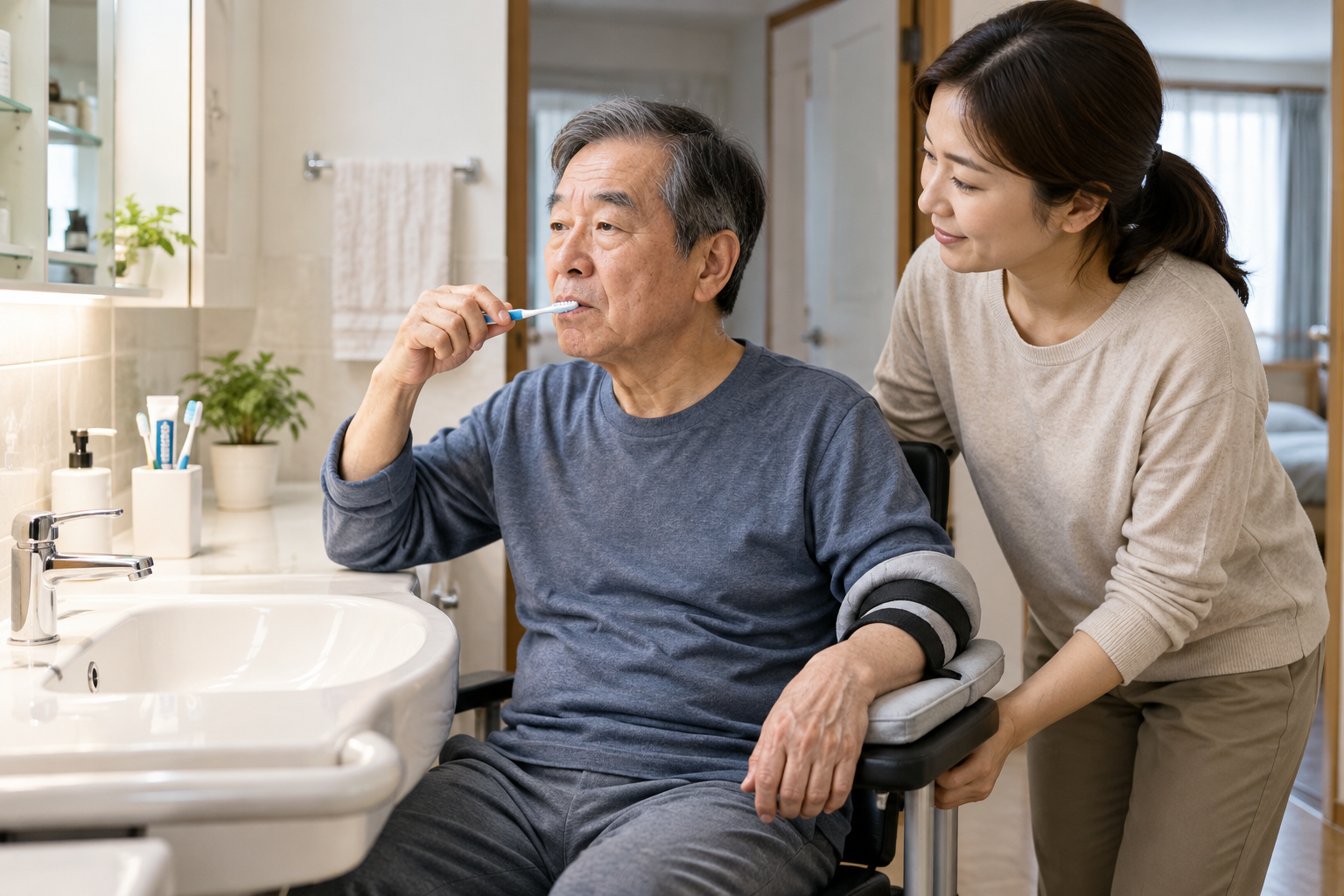 뇌졸중 후 편마비가 있는 환자가 휠체어에 앉아 보호자의 도움을 받으며 양치질하는 모습