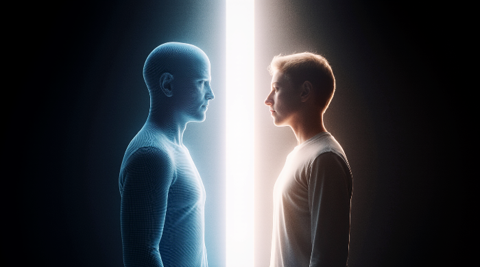 가느다란 빛줄기 사이에 마주 서 있는 디지털 인간과 실제 인간의 모습은 시뮬레이션과 존재의 경계를 상징
