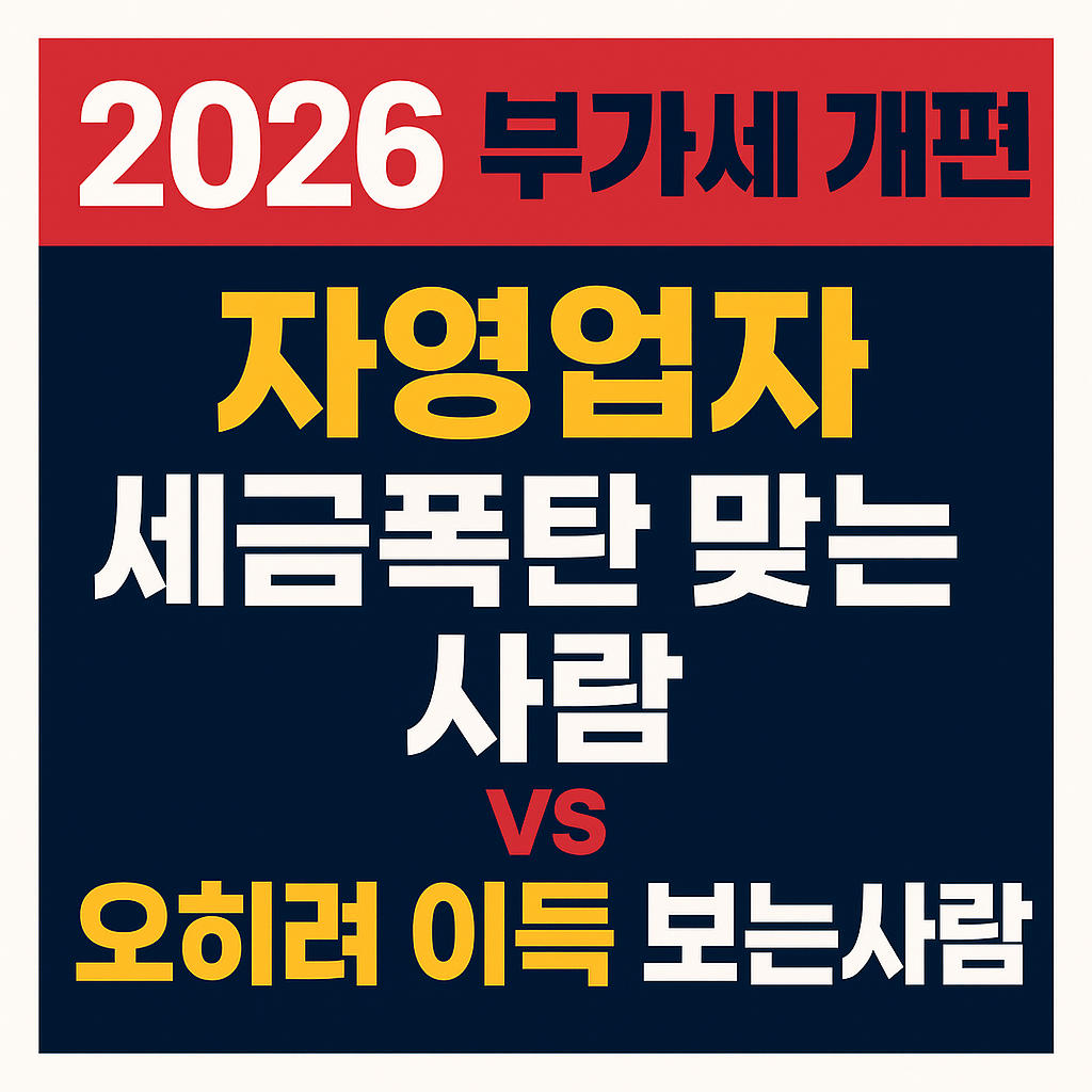&ldquo;2026 부가세 개편으로 갈린다 &mdash; 자영업자 &lsquo;세금폭탄&rsquo; 맞는 사람 vs 오히려 이득 보는 사람&rdquo;
2026 부가세 개편,자영업자 부가세,간이과세 기준 상향,일반과세 전환,2026 세제개편,부가세 유불리,자영업자 세금,2026 세금 변화,소상공인 세금 전략,부가세 완전정리