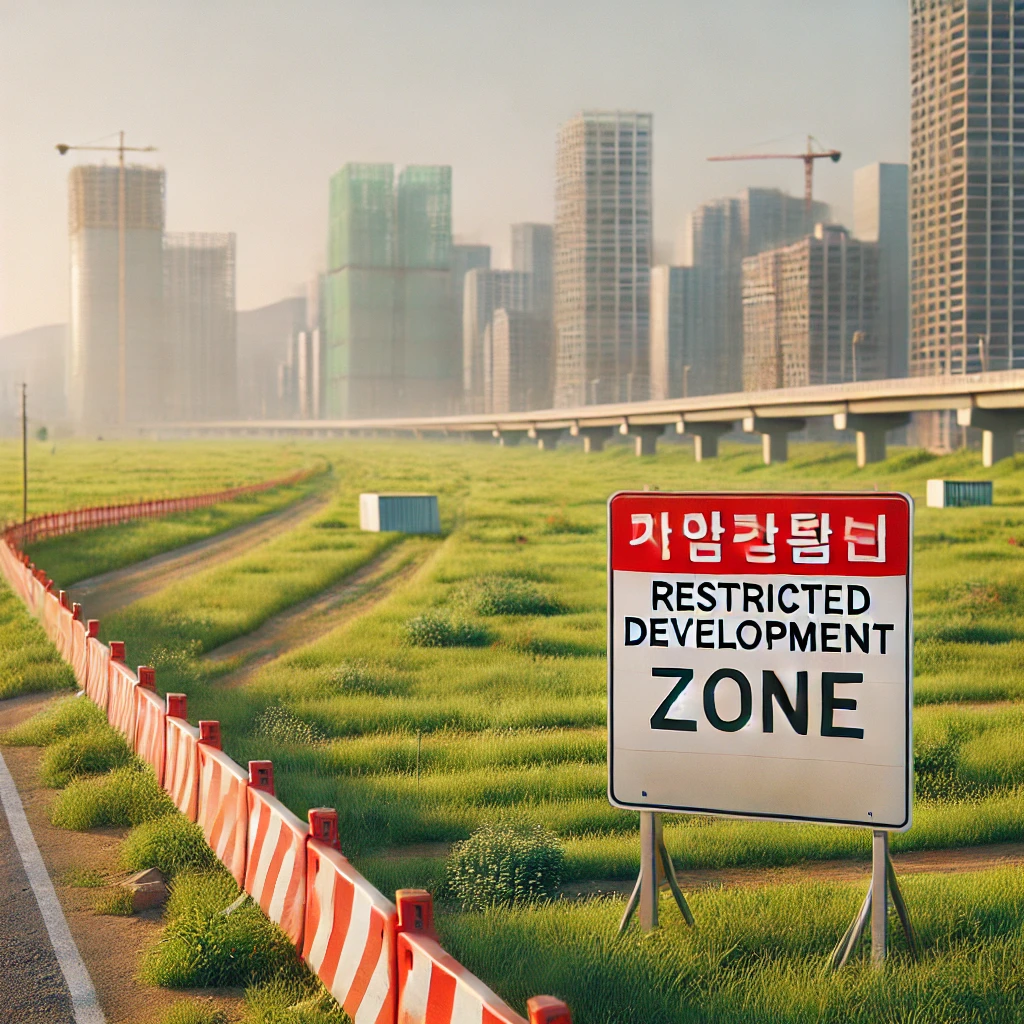 건축이 제한된 개발제한구역의 경고 표지와 공터