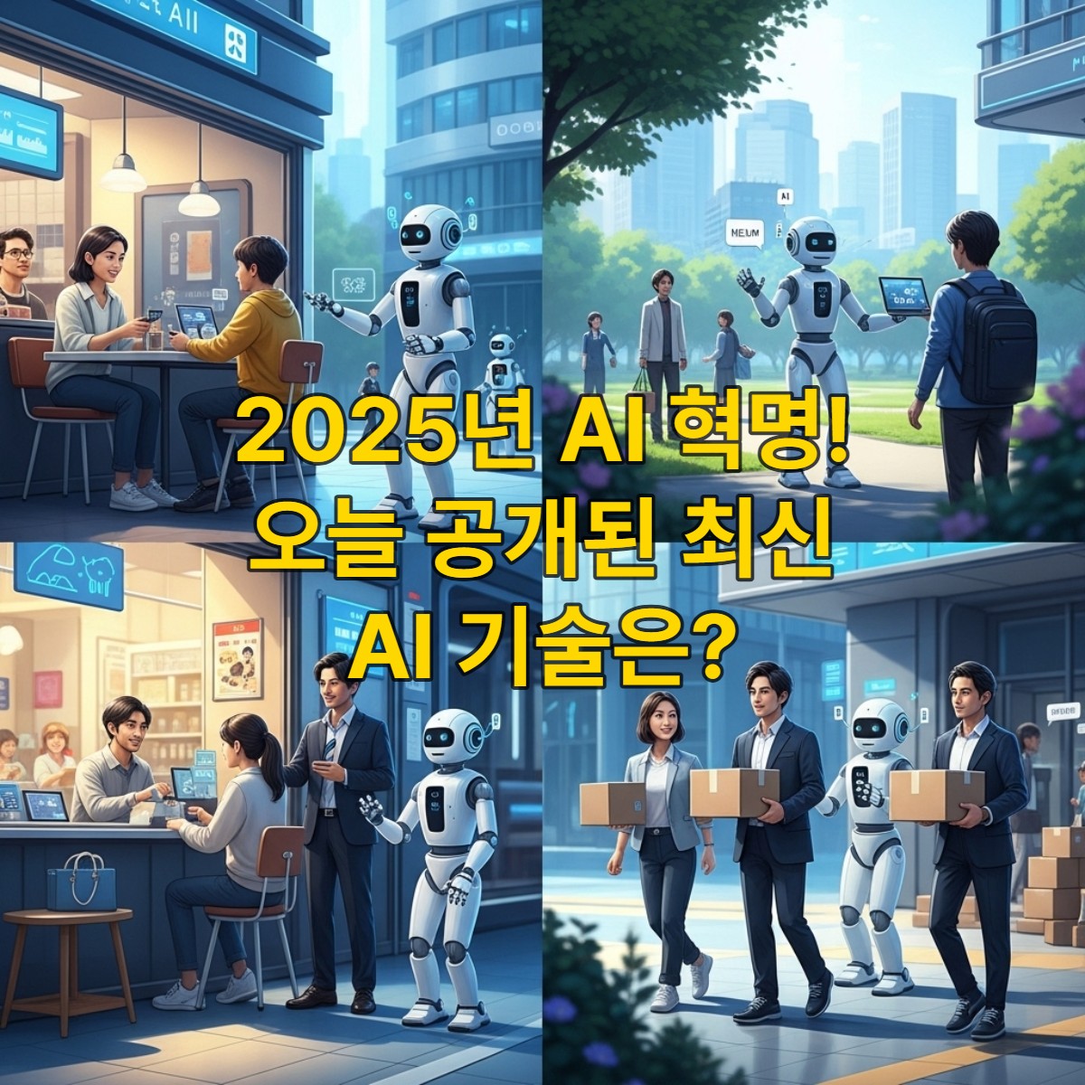 2025년 미래 도시에서 사람들이 로봇과 조화롭게 공존하며 생활하는 모습. 로봇이 카페 서빙, 배송 등 다양한 역할을 수행하고 있다.