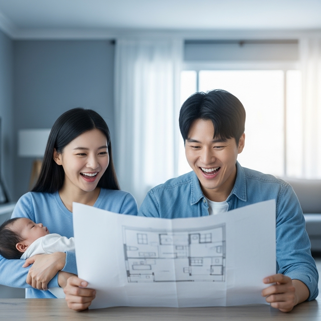 2025년 신생아 특례 대출로 아기와 함께 내 집 마련의 꿈을 이룬 행복한 젊은 한국인 부부의 모습