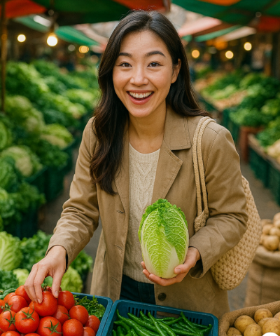 시장에서 물건을 고르고 있는 여성