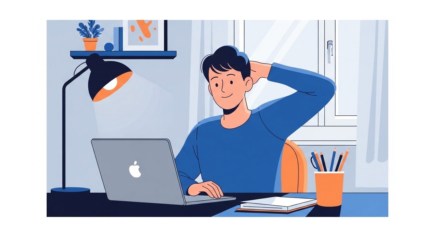 2025년 재택근무자가 밝은 미소를 지으며 5분 거북목 예방 스트레칭을 하는 모습.