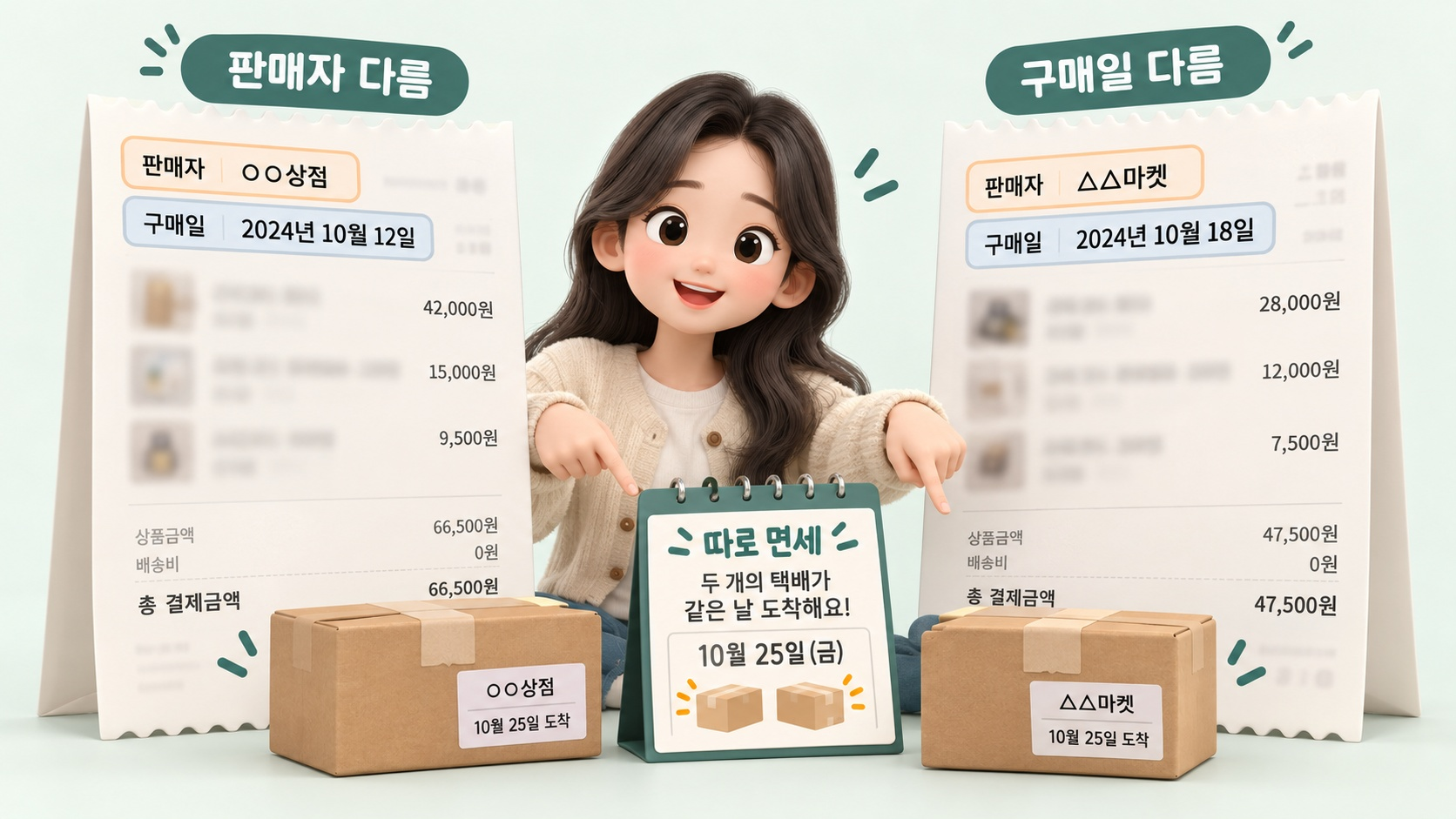 판매자와 주문일이 다른 두 장의 주문 내역을 비교하는 캐릭터