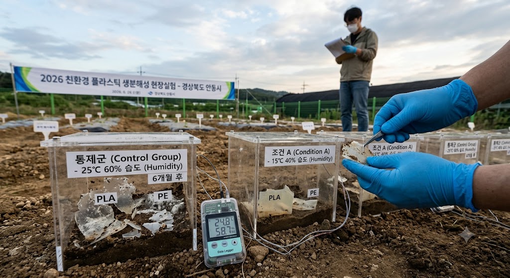 경북 안동시에서 진행된 PLA 생분해성 현장 실험의 결과를 보여주는 이미지입니다. 앞쪽에는 서로 다른 환경 조건에서 실험된 두 개의 투명 아크릴 용기가 놓여 있습니다.