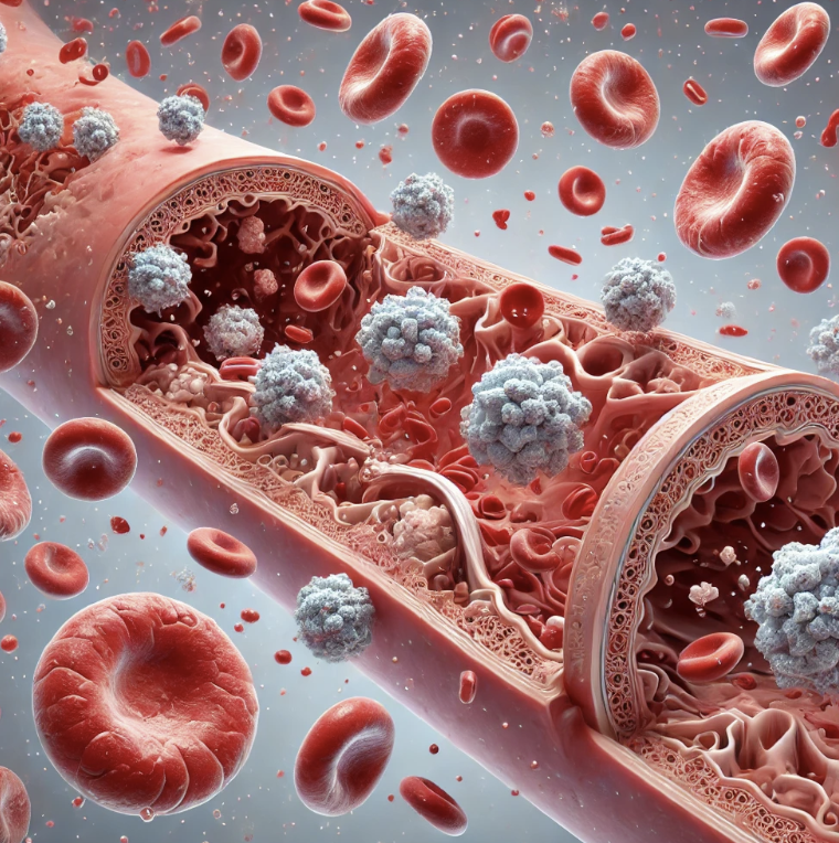 과다한 혈소판 응집으로 인해 혈행이 원활하지 않은 혈관