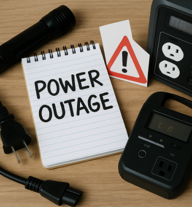 정전 상황에 대비한 물품이 책상 위에 놓여 있는 모습. 손전등, 전기 코드, 휴대용 전원 장치, 경고 표지와 함께 노트가 놓여 있으며 대비의 중요성을 상징함