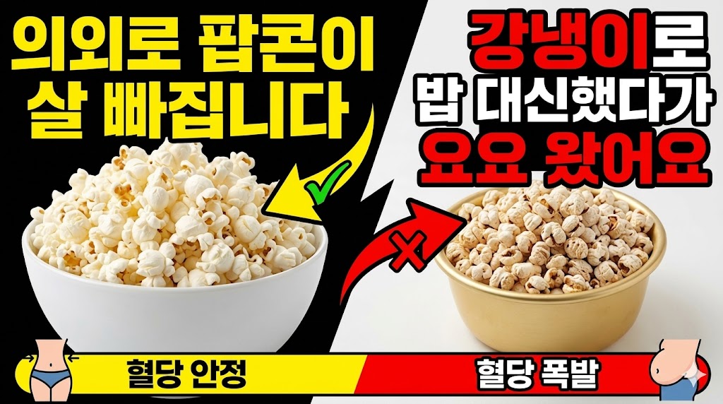 "다이어트 간식 비교 썸네일. 의외로 살 빠지는 팝콘과 요요를 유발하는 강냉이의 대조. 혈당 안정과 혈당 폭발 문구가 포함된 자극적인 다이어트 정보 이미지"