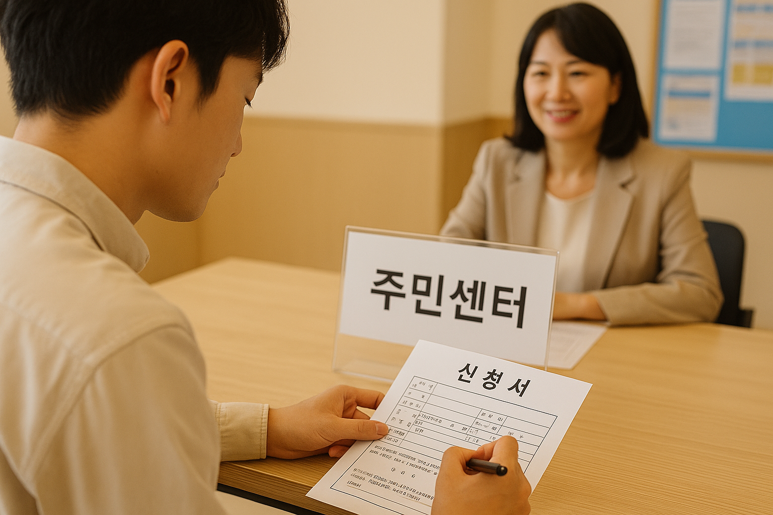 주민센터에서 신청서 작성하는 주민 이미지