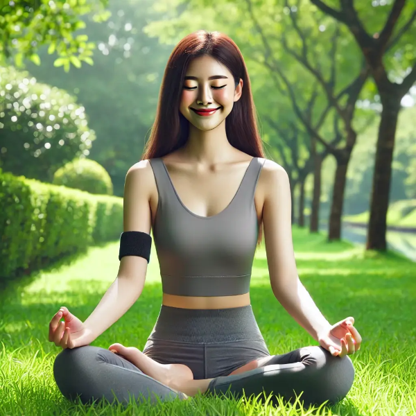 잔디 위에서 심호흡을 하며 혈액순환을 촉진하는 젊은 아시아 여성