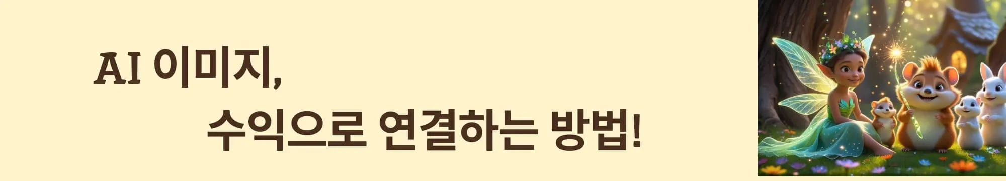 ‘AI 이미지, 수익으로 연결하는 방법!’이라는 문구가 포함된 웹배너 이미지. 이 이미지는 픽사 스타일 이미지의 다양한 활용법과 수익화 전략을 시각적으로 전달하며 블로그의 AI 이미지 실전 활용 주제와 관련된 내용을 설명함. (monetize Pixar style AI images)