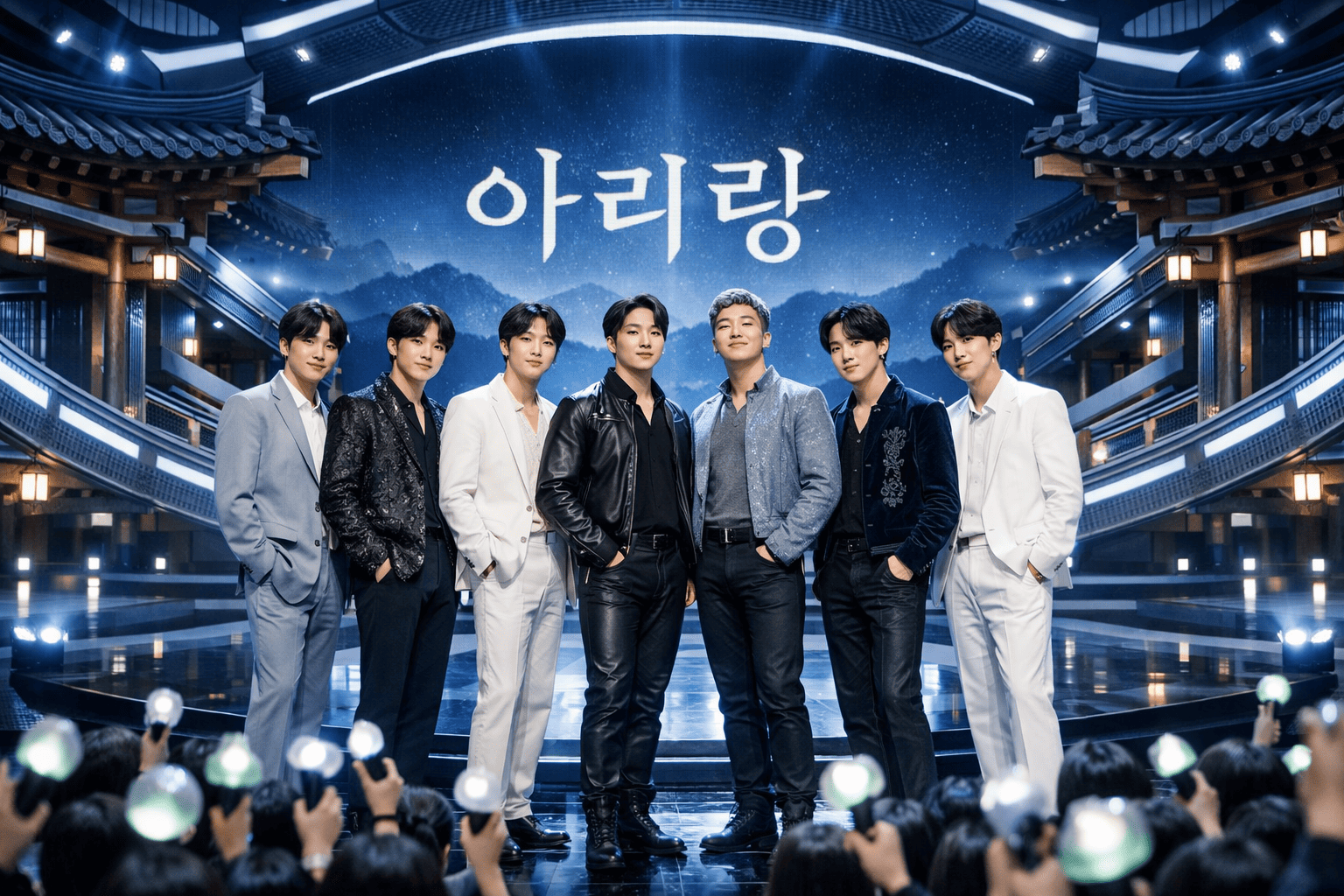 BTS 멤버 7인이 '아리랑' 앨범 로고가 보이는 무대에서 손을 잡고 서 있는 모습. 뒤편으로는 수많은 팬들의 아미밤 불빛이 보인다.