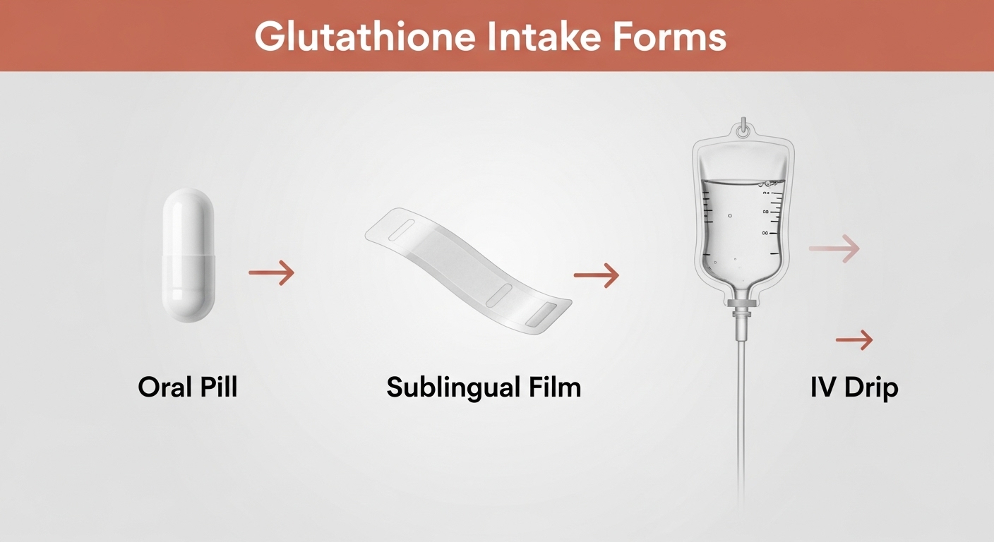 글루타치온의 다양한 섭취 형태(알약, 설하 필름, 주사)와 흡수율 차이를 시각적으로 표현한 그림.