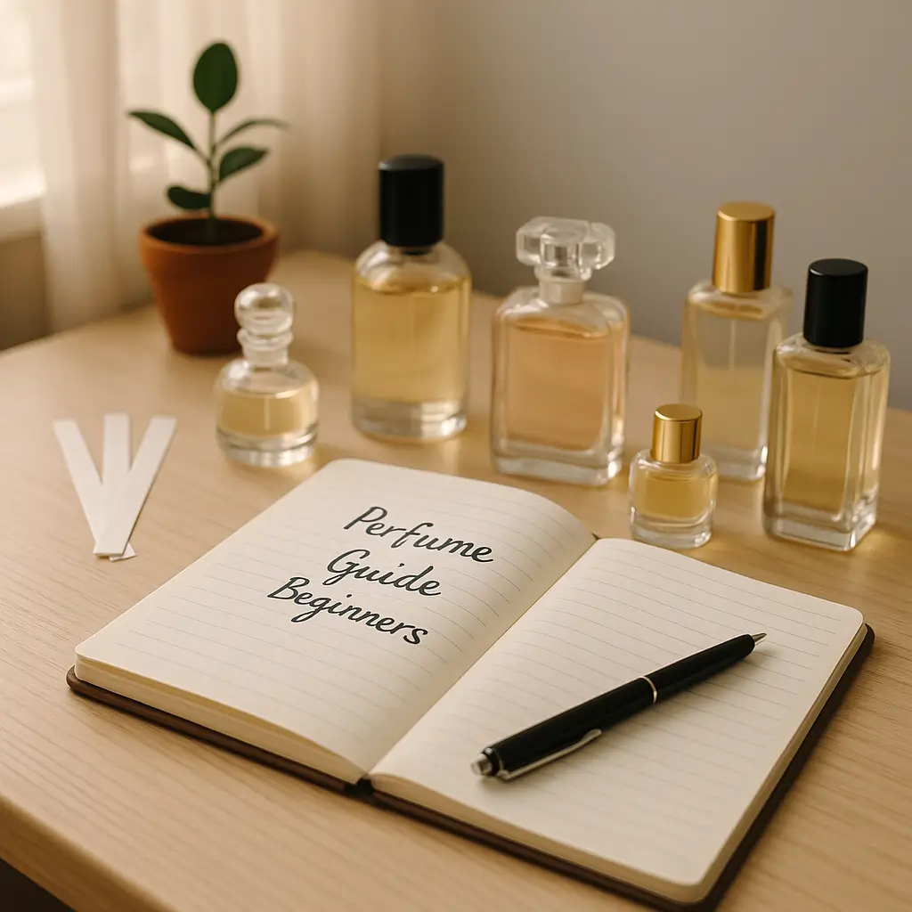 햇살이 부드럽게 비치는 책상 위에 ‘Perfume Guide for Beginners’라고 손글씨가 적힌 노트와 다양한 향수병들이 정돈되어 놓여 있는 모습