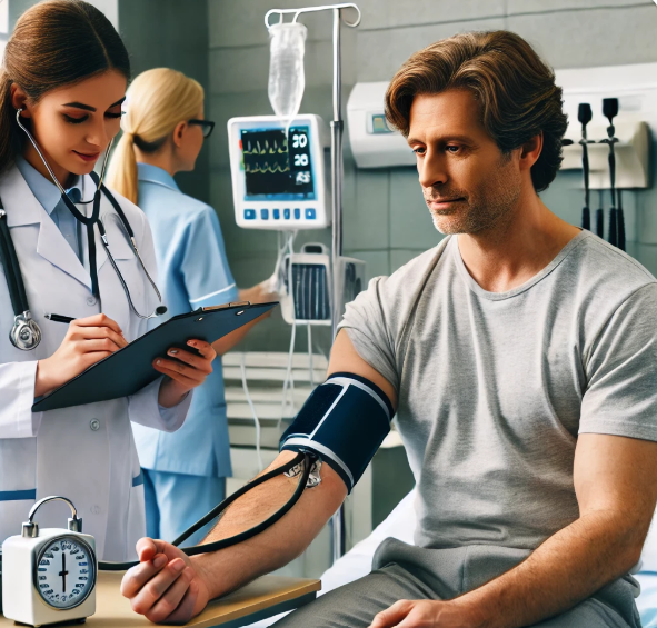 병원에서 고혈압 진단을 위해 혈압을 재는 모습