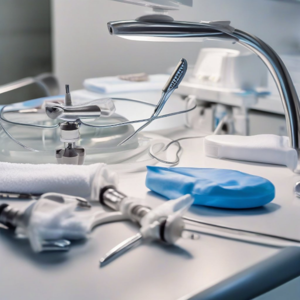 2. 동물병원 치아 스케일링 장비, 초음파 스케일러, 치과용 도구, 강아지 치아 구조 차트가 정리된 스튜디오컷