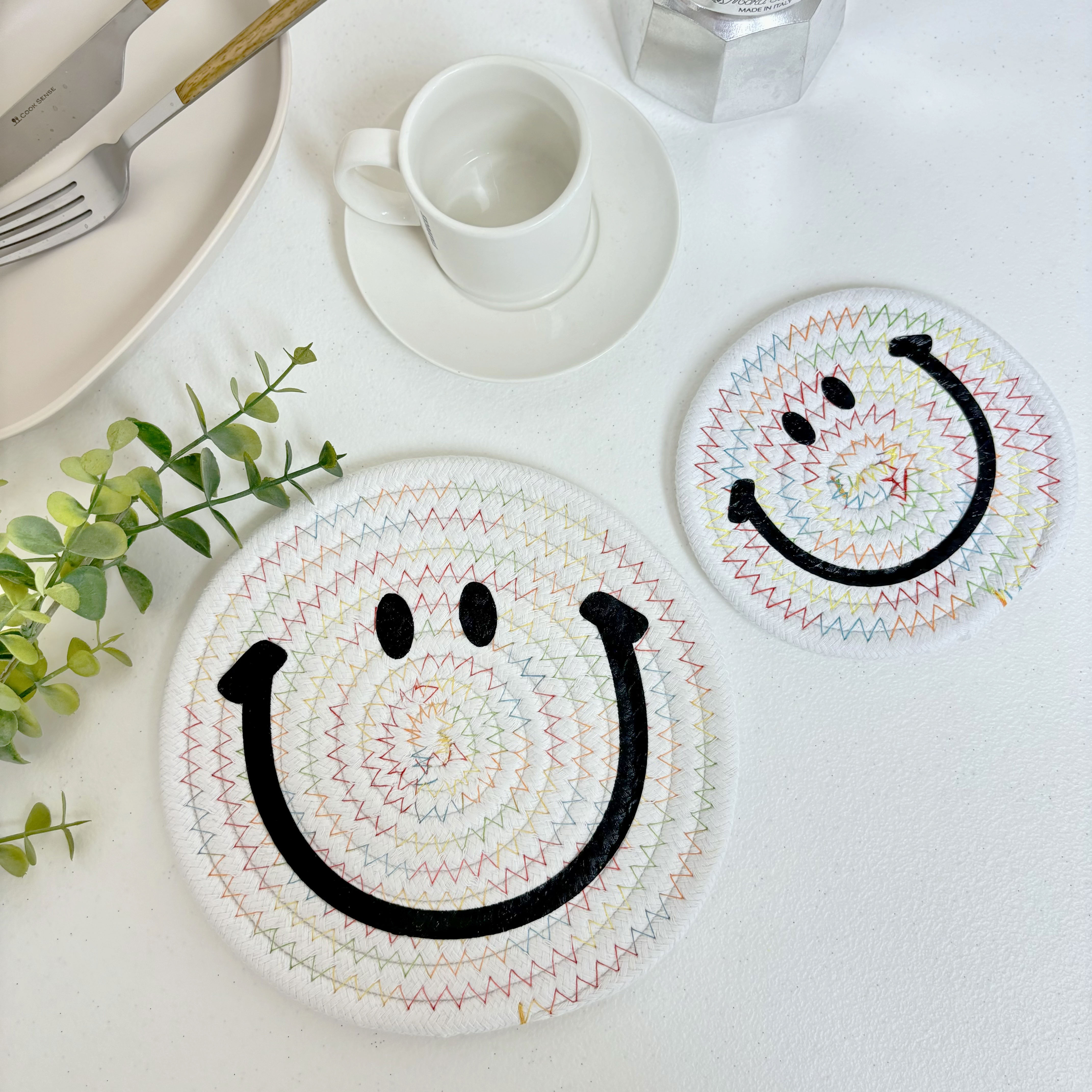 스마일 냄비받침 컵받침 화이트