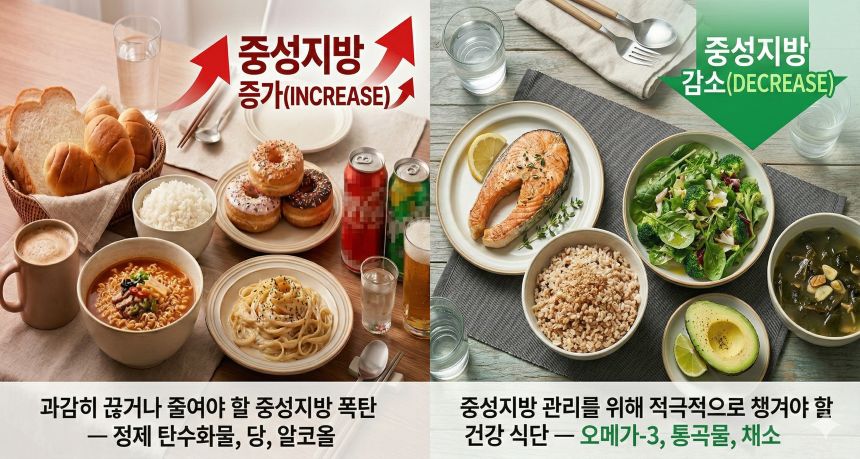 고지혈증 중성지방 수치를 높이는 나쁜 음식(정제 탄수화물, 당, 술)과 낮추는 좋은 음식(오메가3, 통곡물, 채소) 비교 식단