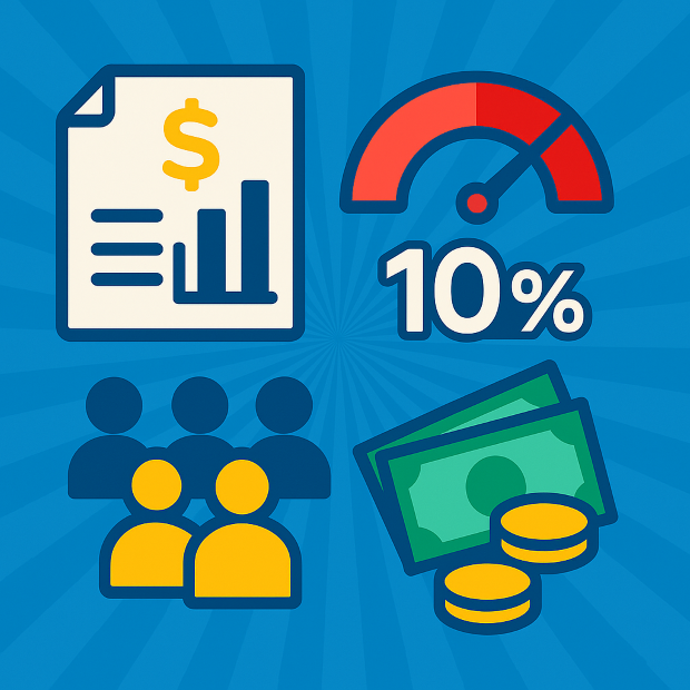 "밝은 파란색 라디얼 배경 위에 보험료 고지서, 상위 10%를 강조하는 게이지 그래프, 사람 아이콘 그룹, 동전 아이콘이 함께 배치된 인포그래픽 스타일 일러스트"